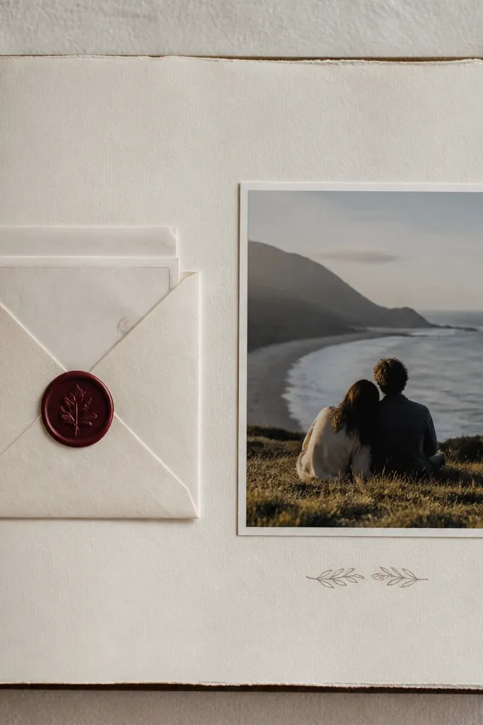 A page with a small envelope pocket on the left. The envelope flap has a fake wax seal sticker in burgundy. Inside the envelope is a folded letter visible at the top. A photo sits on the right with a simple caption.