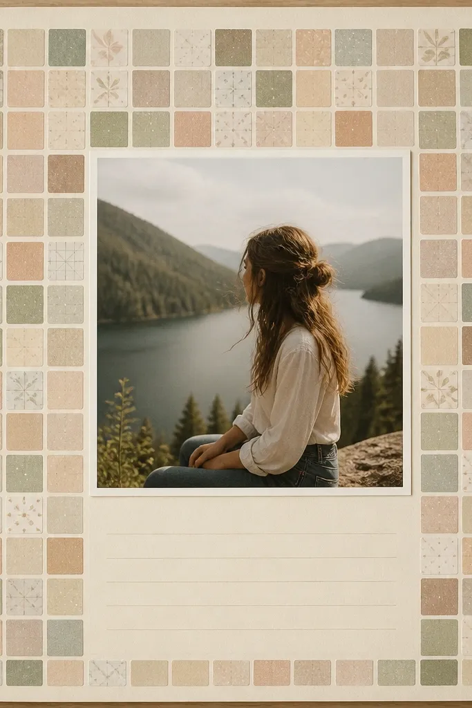 A page where the photo sits on a background made from small sticker squares arranged like a mosaic. The stickers are mostly muted colors. The photo is centered and has a clean border. Journaling is written below in a simple block.