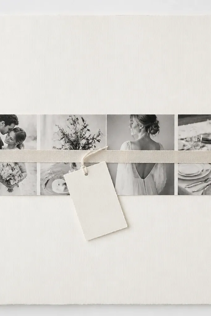 A page with a photo strip across the middle. A thin silk ribbon belly band wraps horizontally over the photo. A small mini tag hangs from the ribbon with a string. The page background is light and clean.