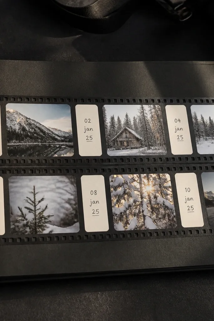 A film strip style scrapbook page. A long strip of small photo frames runs horizontally, like a 35mm film. Each frame has a tiny date label. The background is black or dark charcoal with cream journaling blocks.