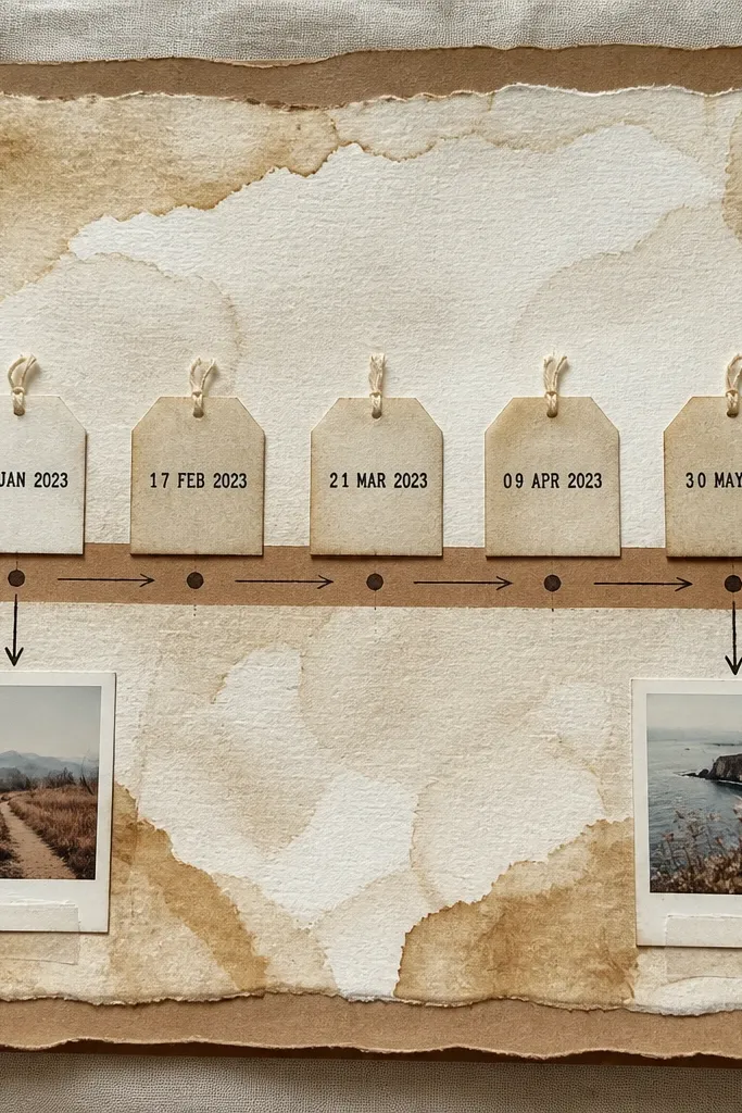 A scrapbook page with a soft coffee-brown timeline strip across the middle. The paper has uneven coffee stains like a watercolor wash, and small tea bag labels sit in neat rows. Each label is stamped with a date in black ink, and there are tiny arrows drawn in pen pointing to matching mini photos in the bottom corners. The page has a hand-cut kraft border and the timeline reads left to right.