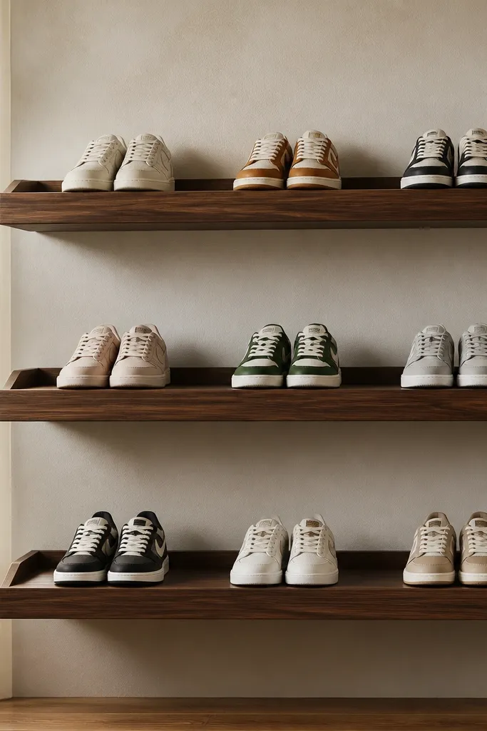 Three floating wooden shelves in a warm walnut finish, each with a shallow lip; sneakers sit in neat rows with visible gaps between pairs.