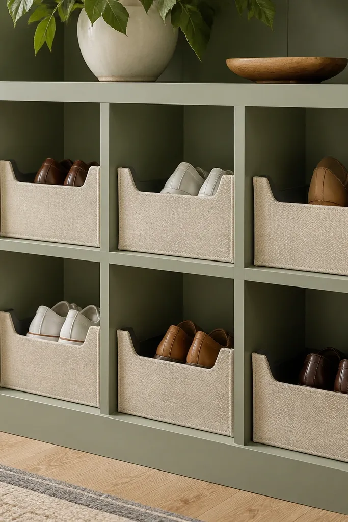 A built-in style cubby unit painted soft sage with linen fabric bins sliding into each compartment; shoes are partially visible through open fronts.