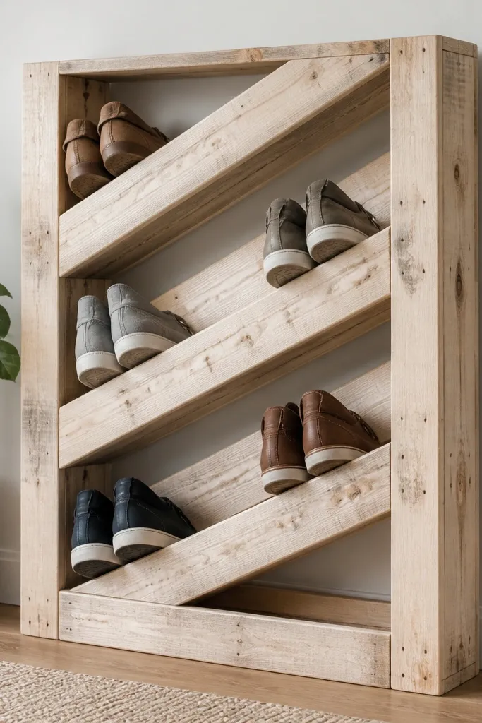 A pallet wood shoe rack with a light sanded finish; diagonal wooden braces create staggered openings where shoes rest at an angle.
