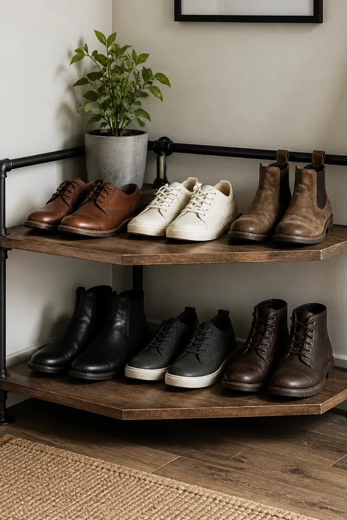 A corner shoe rack made from black metal pipes with two wood shelves; shoes are stored in rows with a clean industrial look.