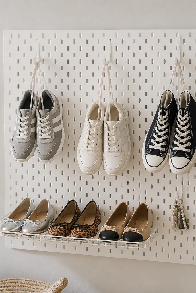 A white pegboard panel on the wall with neatly arranged hooks; sneakers hang by laces and flats rest on a small wire shelf.