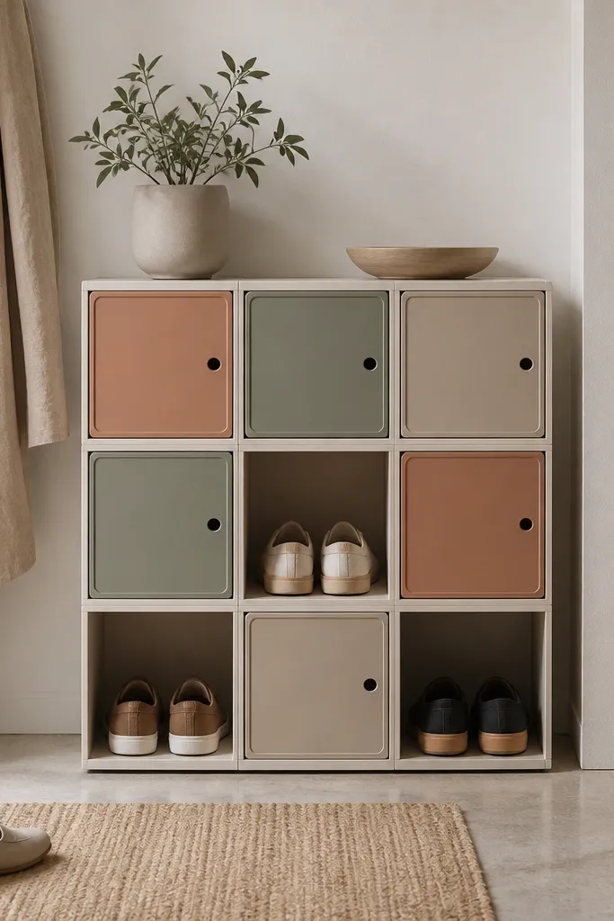A small cube shoe rack with square openings; each cube has a removable front panel in different muted colors like clay, sage, and sand.
