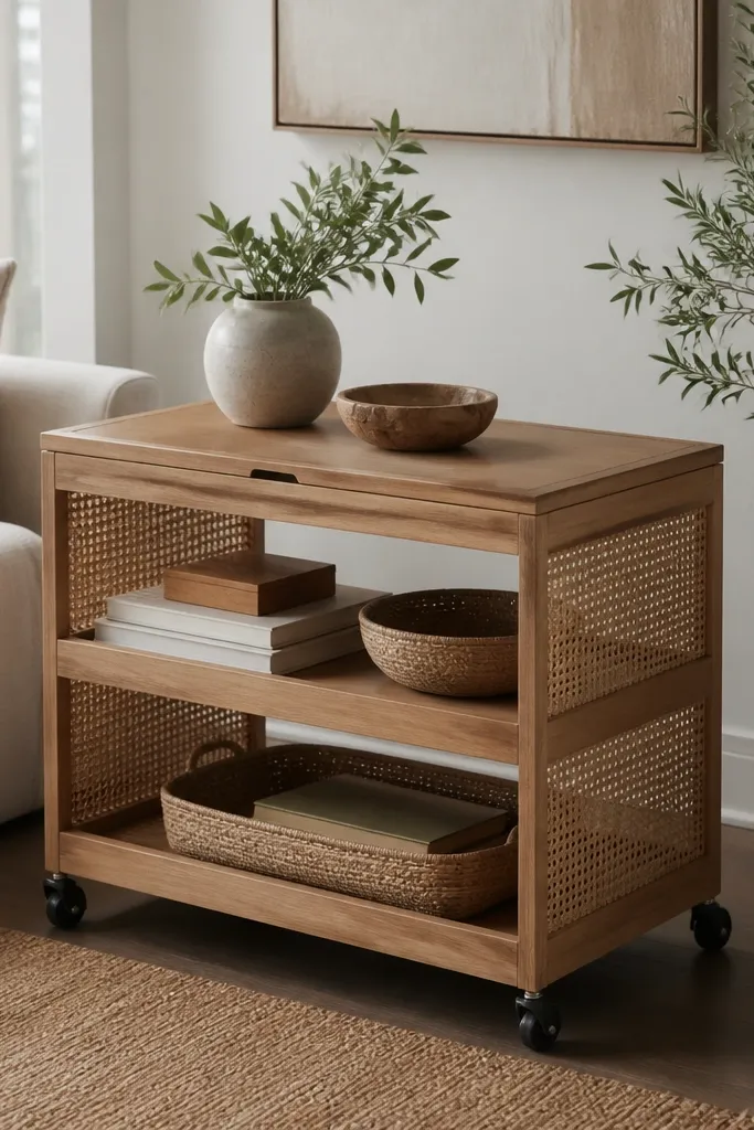 A low rolling cart with three tiers; the sides are woven rattan panels and the top tier has a flat wooden lid.