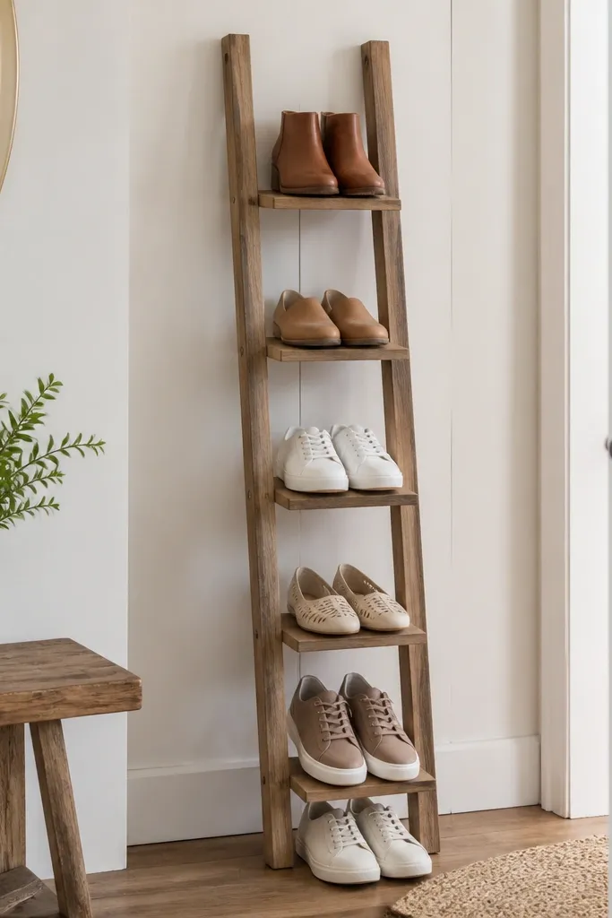 A narrow wooden ladder-style shoe rack with two vertical rails and several short horizontal steps; shoes are placed on each step.