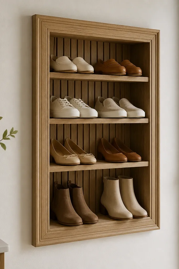 A wall-mounted shoe rack with a decorative trim frame; inside, shoes sit on slatted shelves with a slatted back panel.