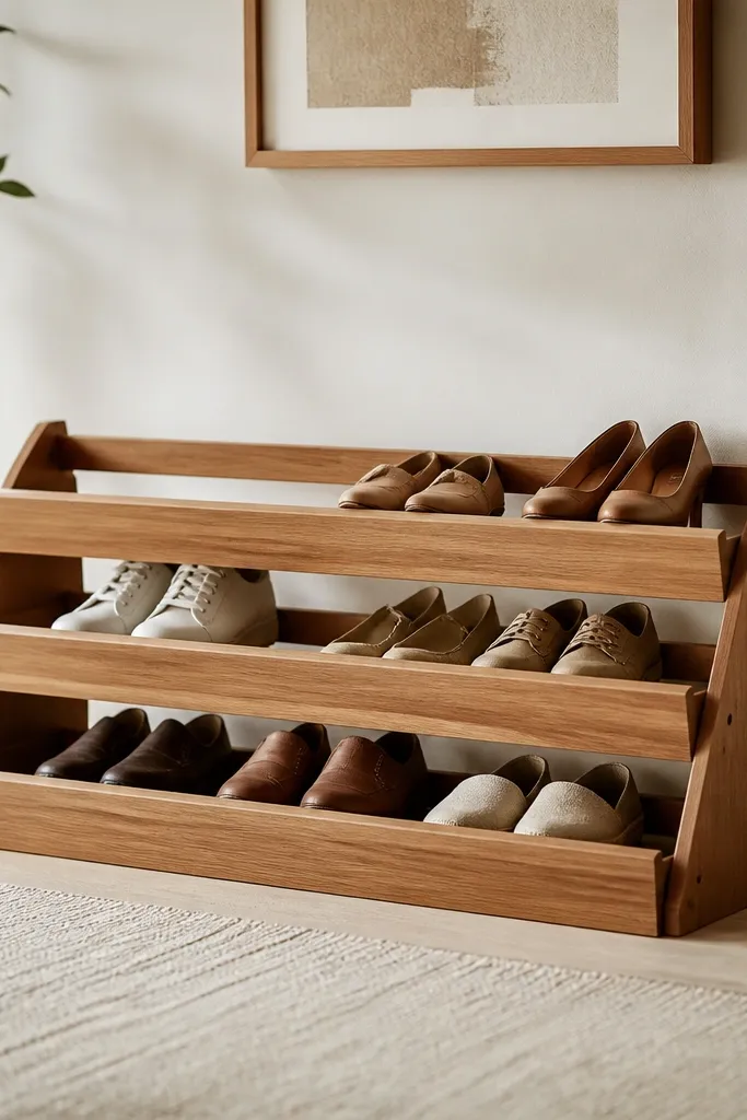 A low entry shoe rack with three staggered tiers; each tier has a front lip and the back is open.