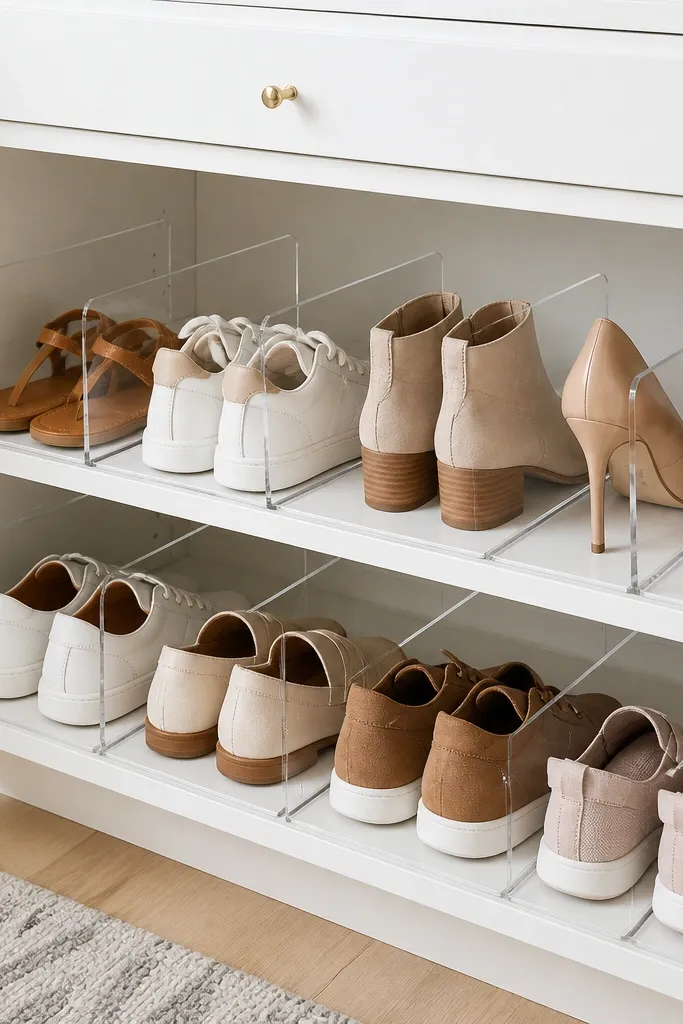 A clear acrylic divider system installed inside a white cabinet; shoes stand in separate see-through lanes.
