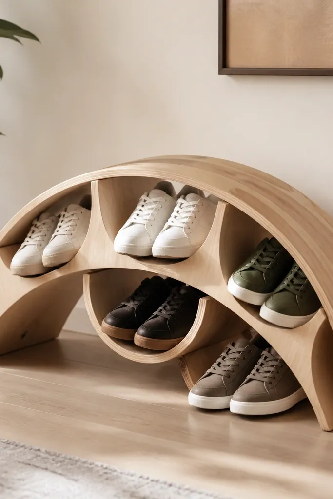 A curved plywood shoe rack with semicircle cutouts; sneakers sit in curved bays that follow the arc.