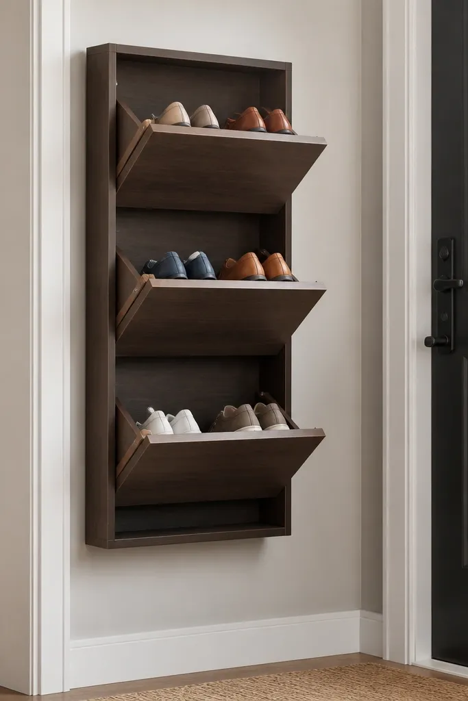 A shoe rack mounted inside an entry door area with flip-down shelves; the shelves fold up to keep the wall clear.