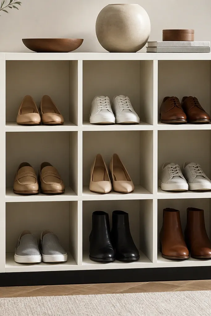 A shoe rack with square cubbies; the top and sides are off-white and the bottom base is black painted wood.