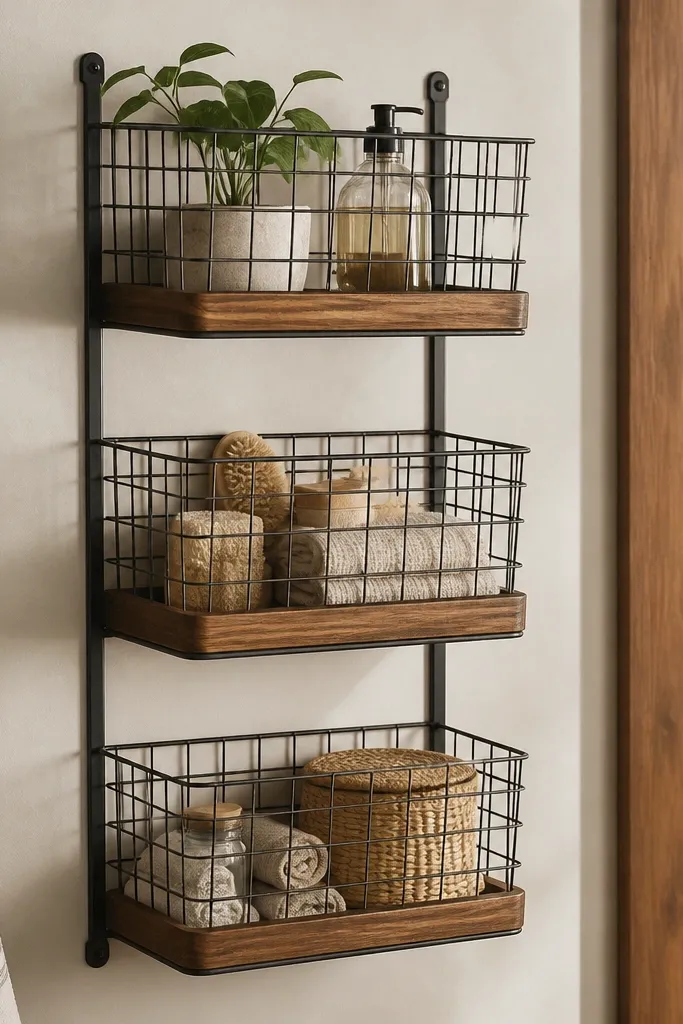 A wall-mounted rack with wire baskets stacked vertically; each basket sits on a wooden base tray.