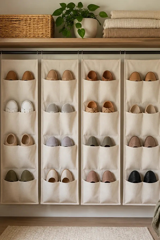 A curtain rod mounted under a shelf holds fabric shoe organizers; each pocket holds a pair and the fabric hangs neatly.