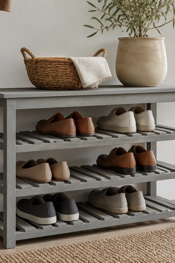 A slatted wood shoe rack painted weathered gray with wide slats; shoes sit on open slat shelves.