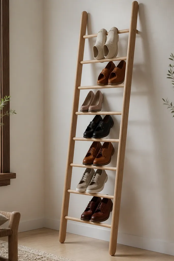 A ladder rack where the horizontal rungs are round wooden dowels; shoes rest on the dowel lines.