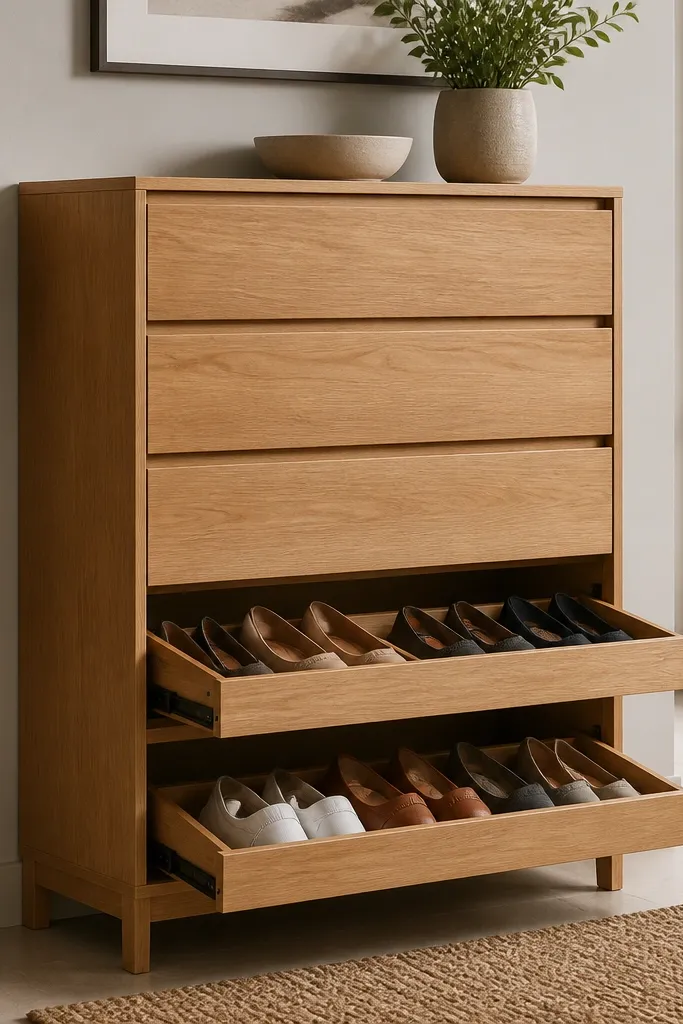 A shoe rack cabinet with drawer-style fronts; pull-out trays reveal shoes stored flat.