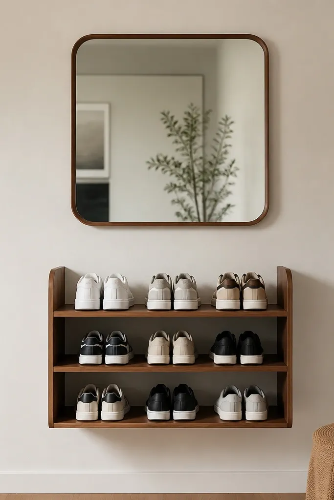 A wall-mounted shoe rack with a mirror above; sneakers sit on three open shelves beneath the mirror.