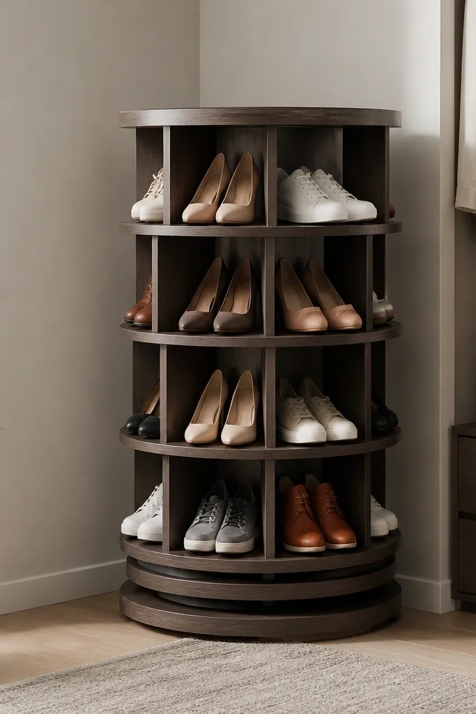 A compact rotating carousel shoe rack in a corner; individual compartments hold pairs and the carousel turns smoothly.