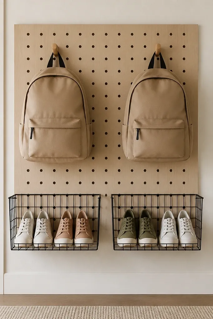 A pegboard wall with two wire baskets for shoes and hooks above for backpacks; the layout is symmetrical.