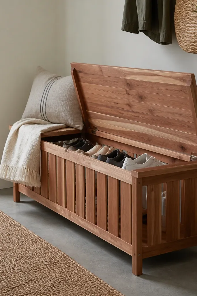 A cedar bench-style shoe rack with slatted sides; the top flips up to store shoes inside and the bench stays usable.
