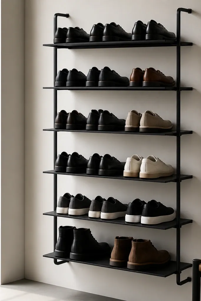 A wall-mounted monochrome rack with matte black steel shelves and a simple frame; shoes are arranged in uniform pairs.