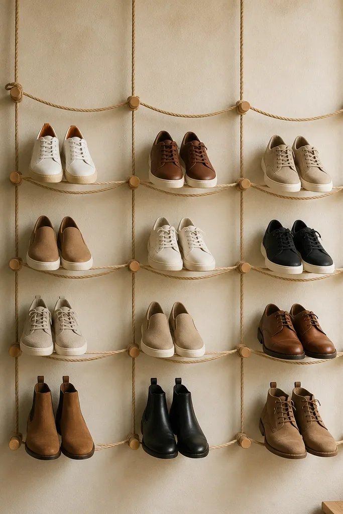 A wall-mounted rope system with wooden pegs holding shoes in rows; the rope creates gentle curves behind the shoes.