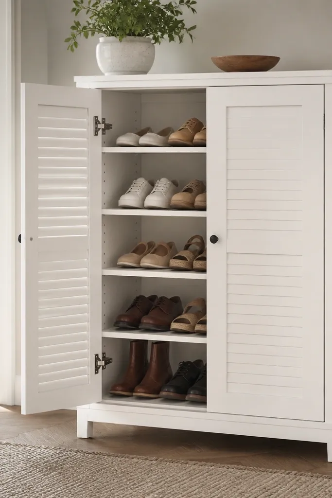 A white shaker-style cabinet shoe rack with vented door panels; shoes sit inside on adjustable shelves.