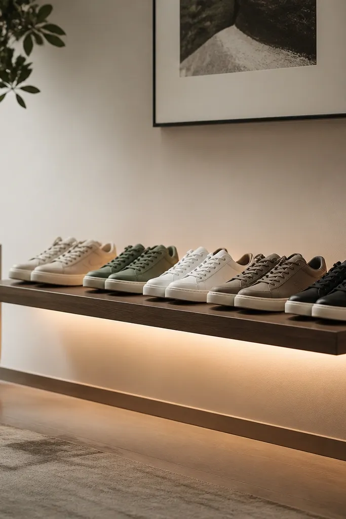 A floating shoe ledge with a subtle warm LED strip under the shelf; shoes are lit and arranged in a neat row.