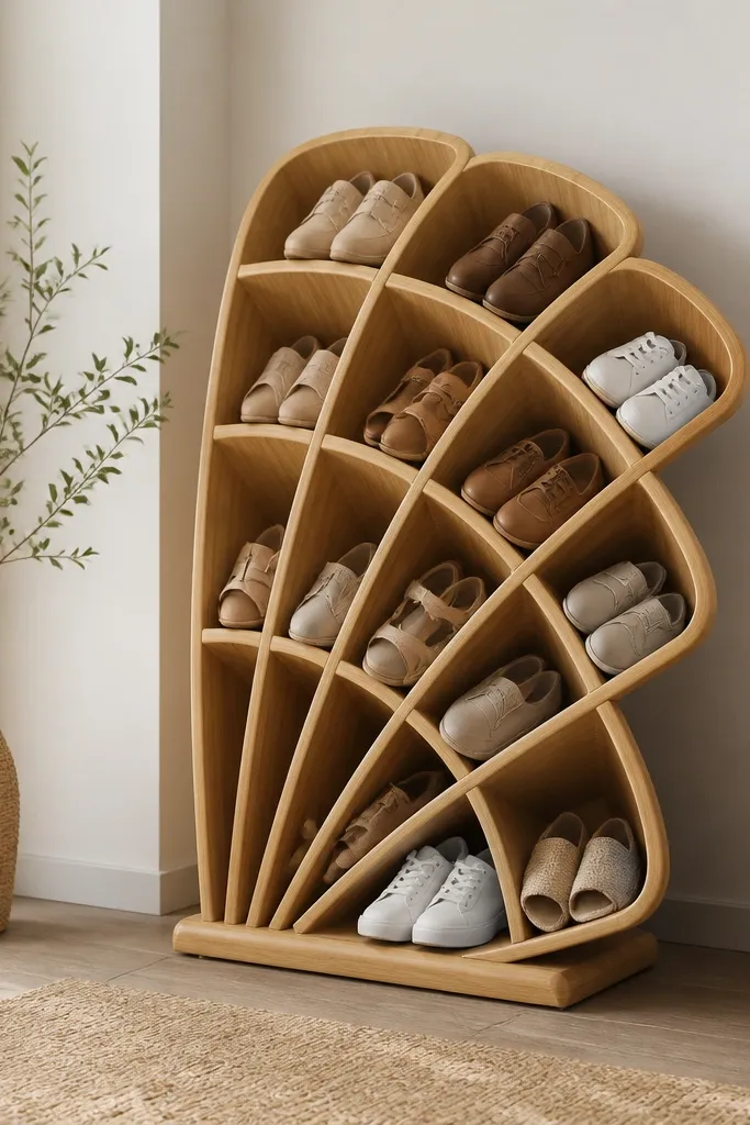 A bamboo shoe rack with segmented curved shelves; each segment holds a pair and the layout fans outward.