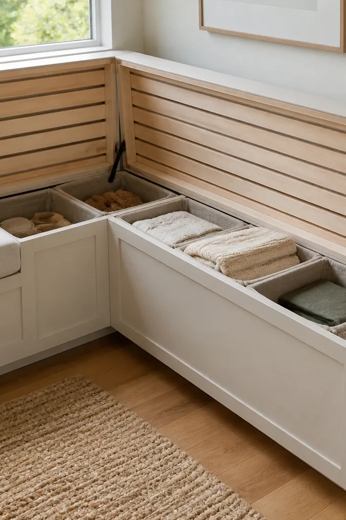 A corner banquette style bench with a hinged top; inside are removable fabric bins and slatted wood supports.