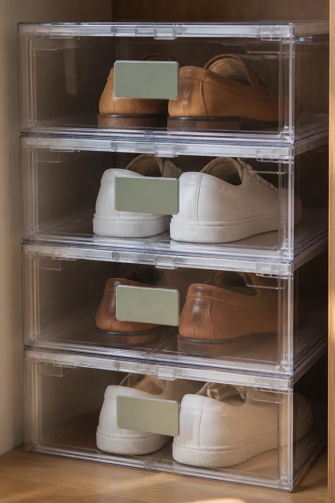 Clear plastic bins with shoes inside and neat label strips on the front