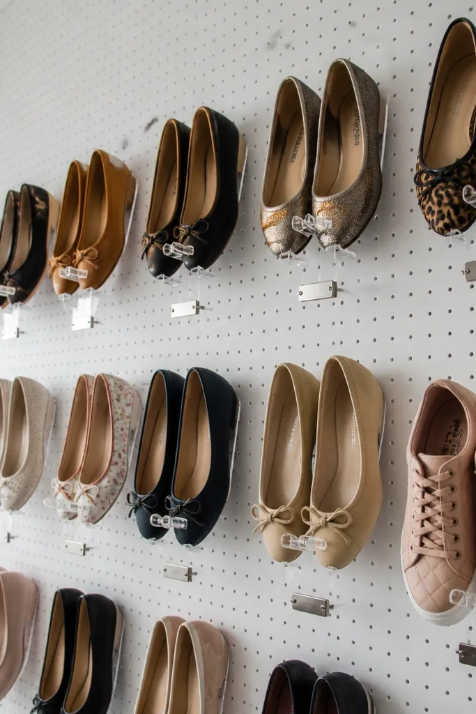 White pegboard wall with clear acrylic hooks holding pairs of shoes neatly