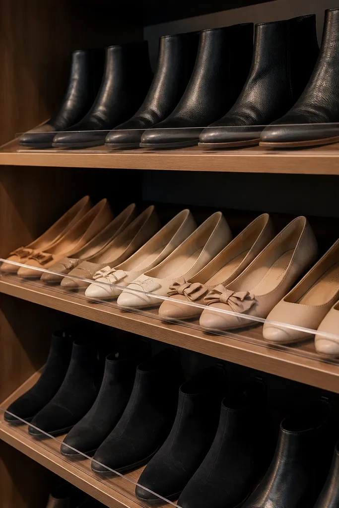 Angled wooden shelves showing shoes with a small lip stop at the front
