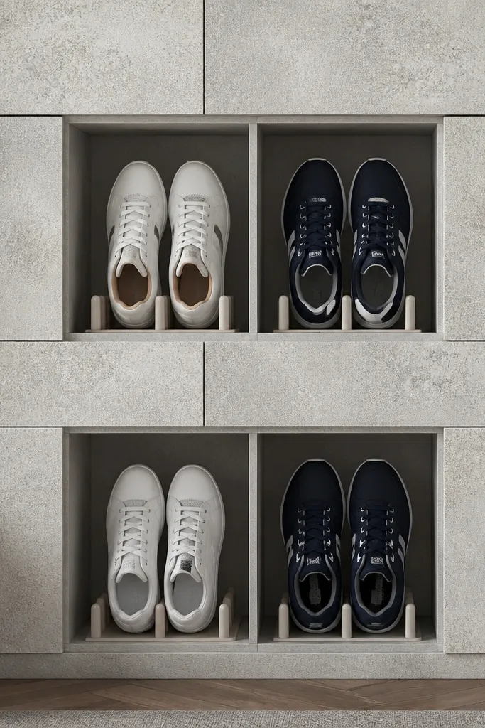 Cubby units with decorative fronts and small peg inserts holding shoes