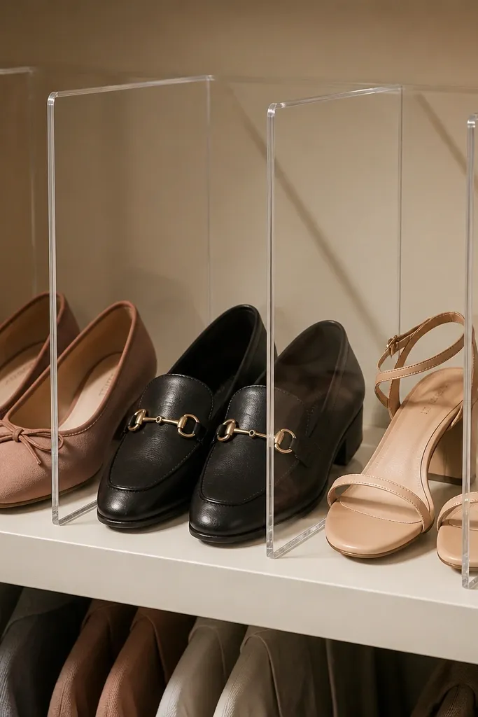 Clear vertical dividers creating individual lanes for shoes in a closet