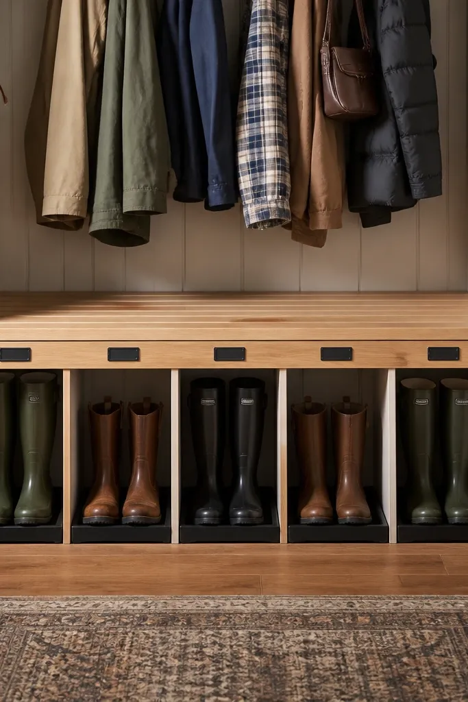 Bench-style storage with slatted top and labeled cubbies for boots