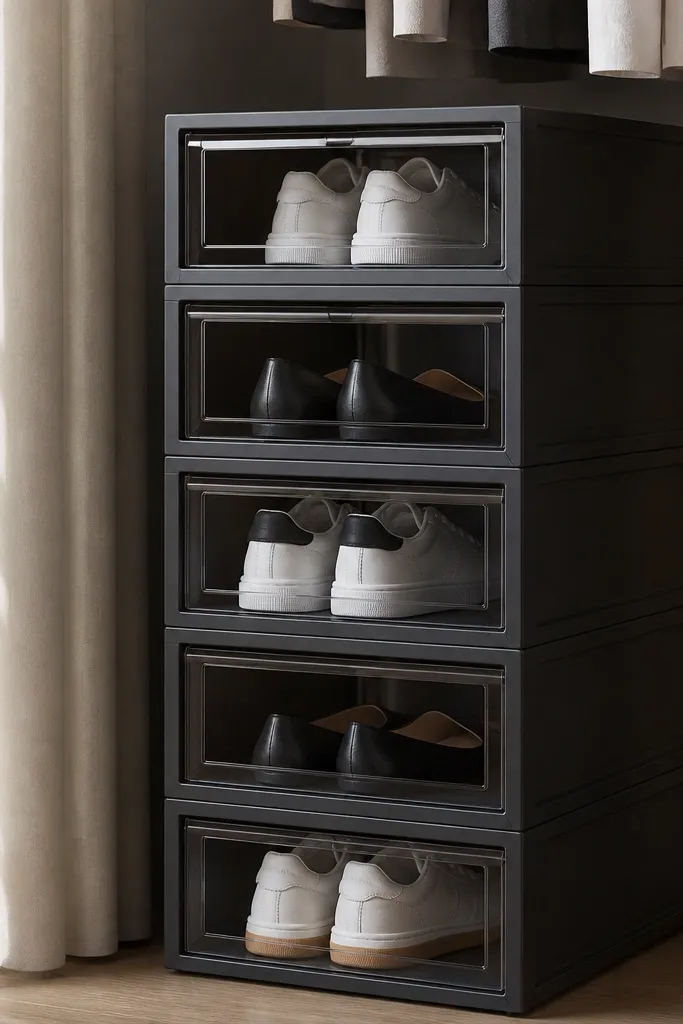 Stacked clear-front drawers with shoes lined neatly inside