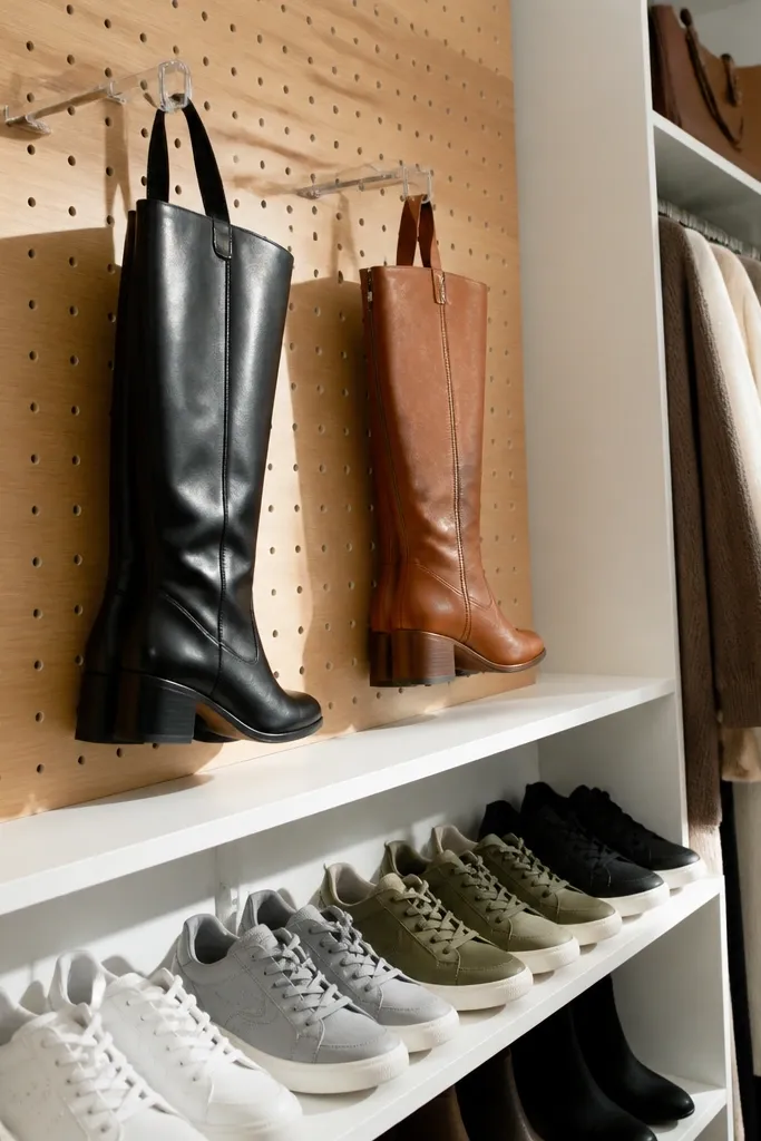 Mixed setup with pegboard hooks above shelves holding boots and sneakers