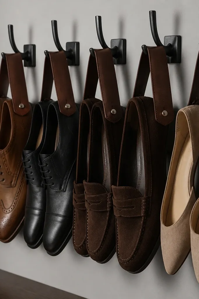 Leather straps holding shoe pairs on wall hooks in a neat grid