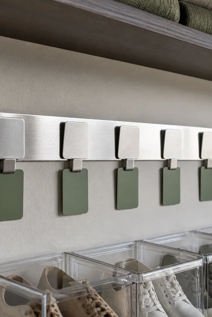 Small magnetic strip with metal labels above organized shoe cubbies
