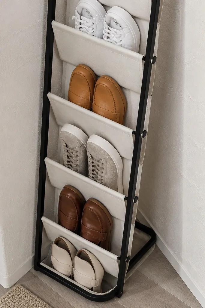 Shoe ladder in the corner with fabric pockets holding pairs