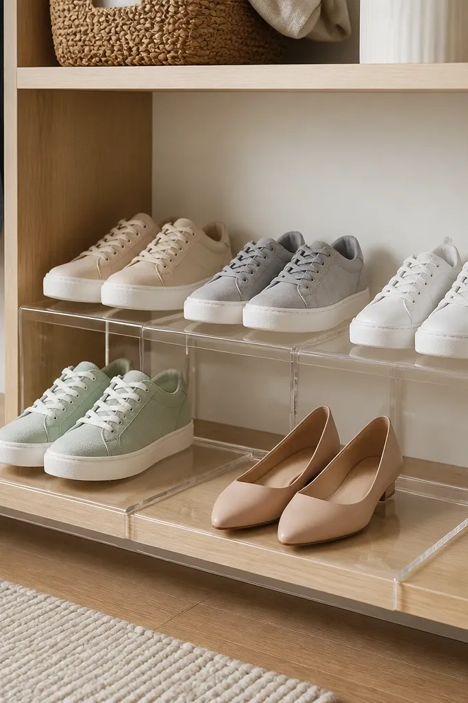Clear acrylic risers stacking sneakers in neat rows
