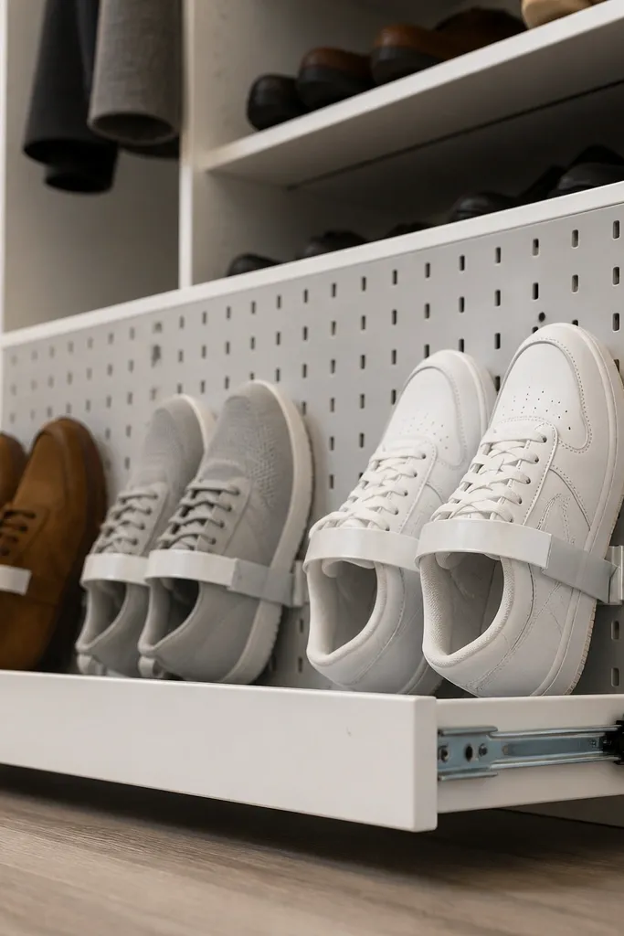 Pull-out tray with pegboard backing holding shoes in a neat row