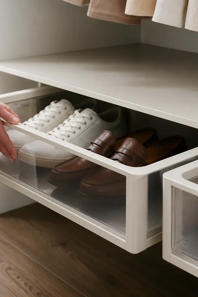 Pull-out clear bins under a shelf with shoes stored in neat rows