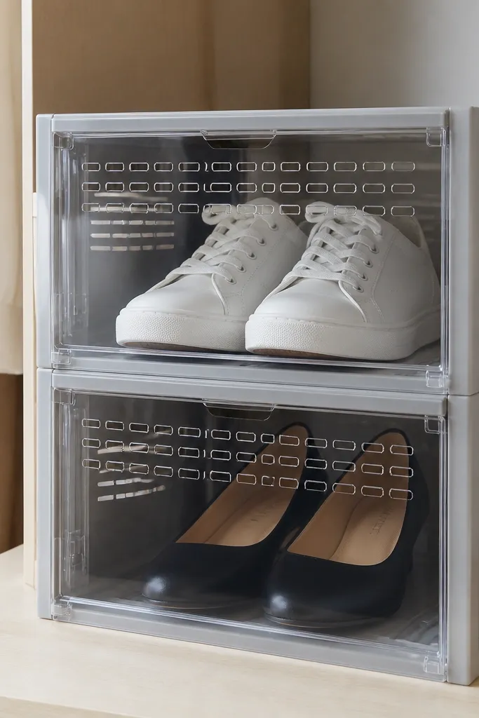 Clear stacked cubes with small vent holes and shoes facing forward
