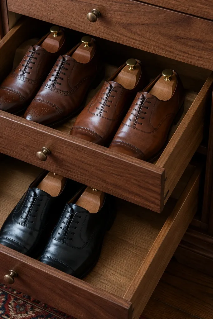 Drawer-style cabinet with shoe trees holding heels and dress shoes neatly